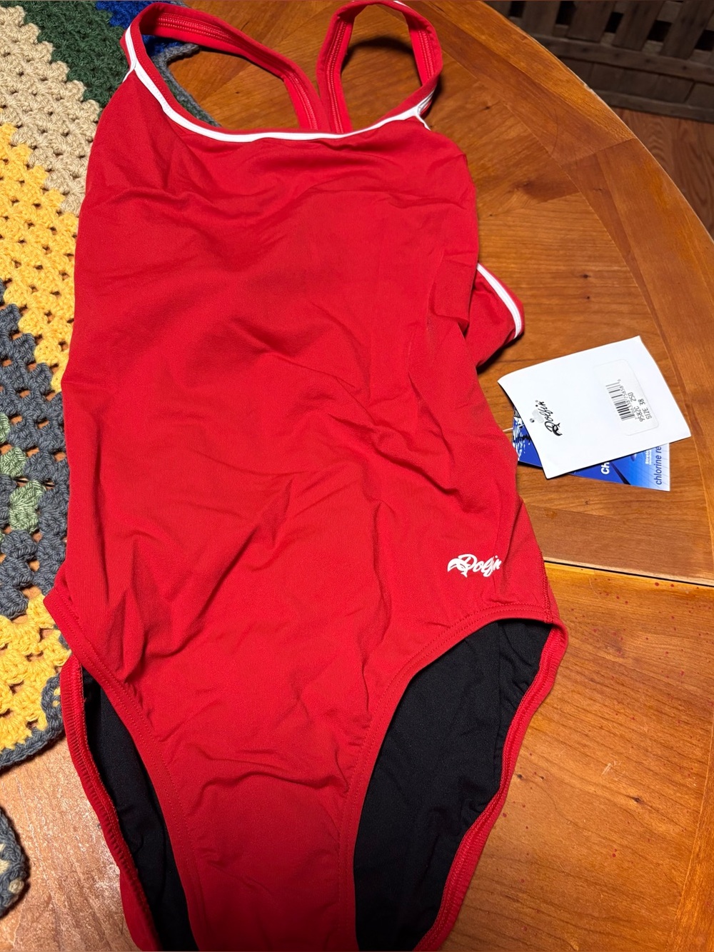 New large women’s Dolfin Red One Piece Swim Suit with White Trim swiming pool